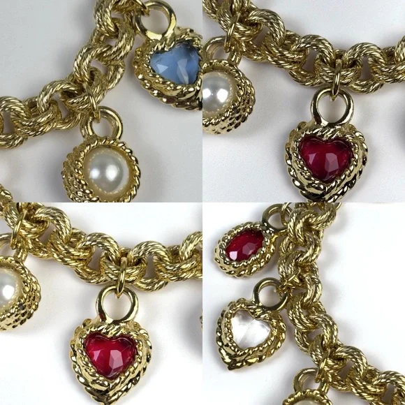Vintage 80s Givenchy Lucite Charm Bracelet Chunky Heart Goldtone Runway SZ 6-3/4 - Picture 5 of 16